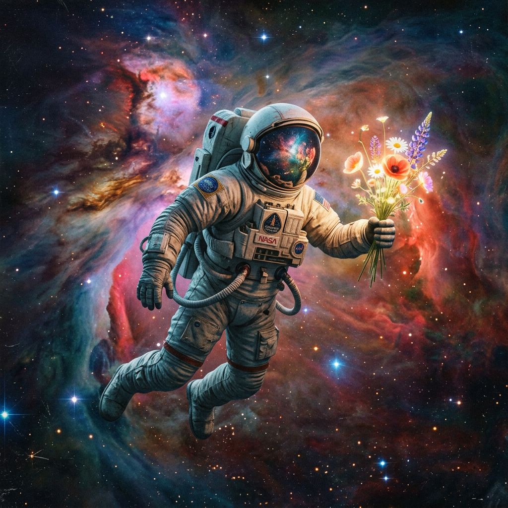 A vintage astronaut floating in deep space holding a bouquet of glowing wildflowers. Retro sci-fi surrealism.