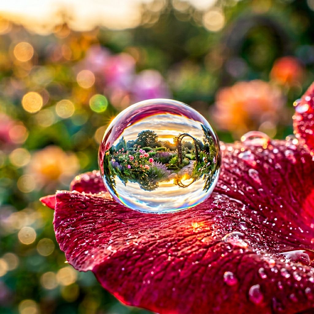 A hyper-detailed macro photograph of a single dewdrop on a rose petal at sunrise with rainbow refractions.