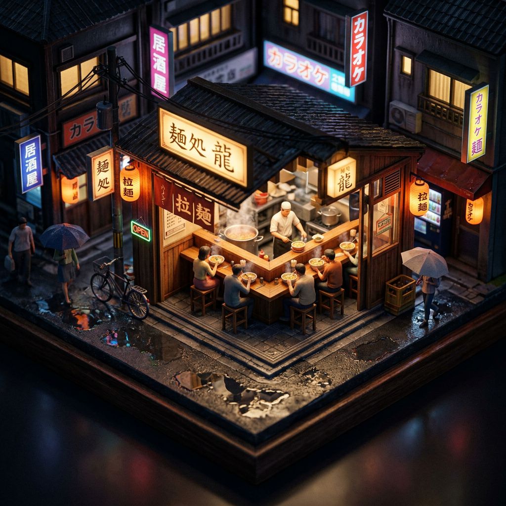 An isometric 3D miniature diorama of a cozy Japanese ramen shop at night. Warm light spills from the entrance.