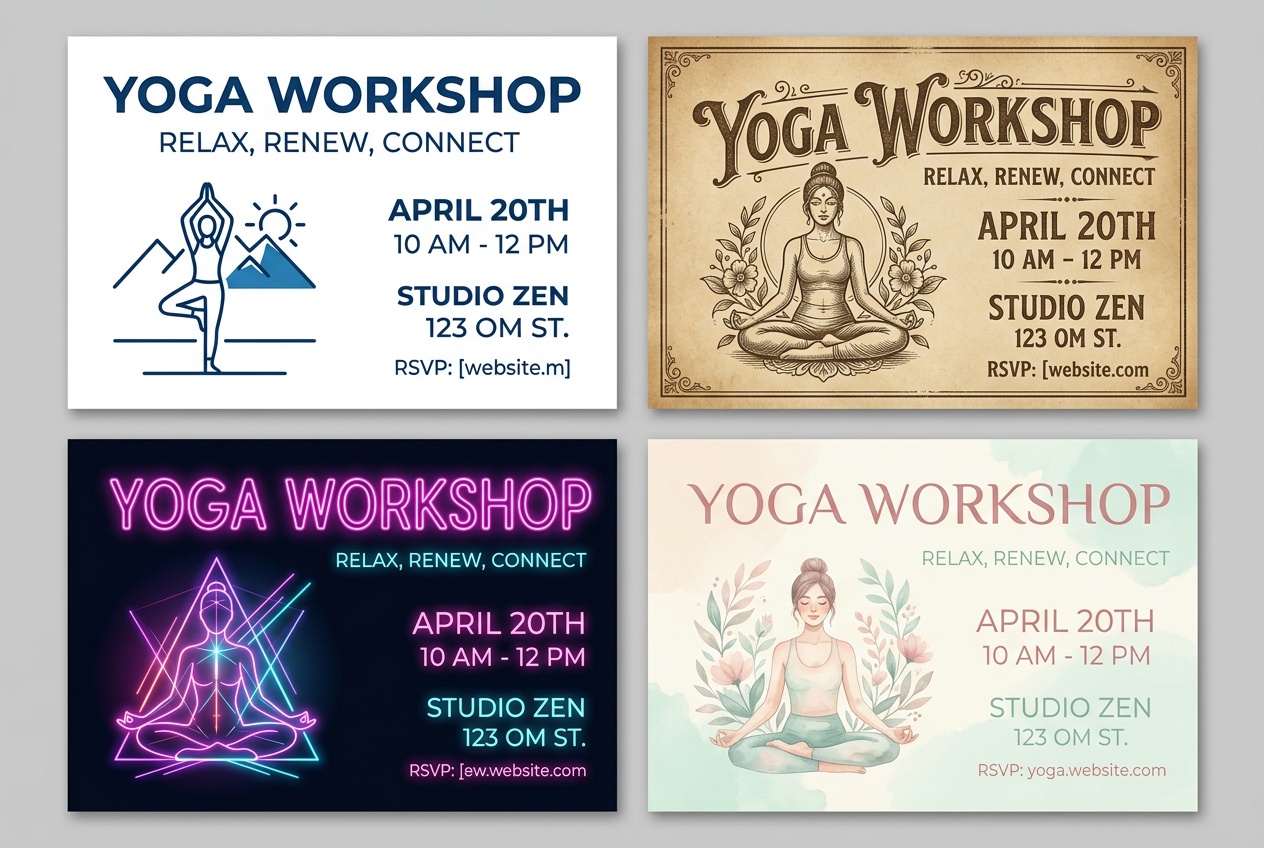 Eight distinct visual styles for AI generated flyers