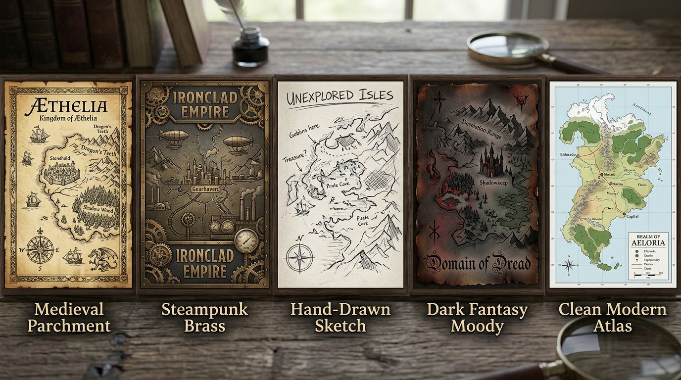 Five distinct visual styles for AI generated fantasy maps