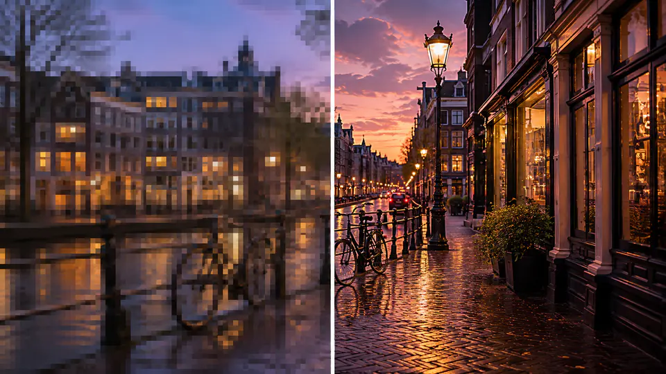 Side-by-side AI video upscaling example with clearer detail