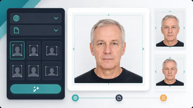 Country and document size selectors in the passport photo generator
