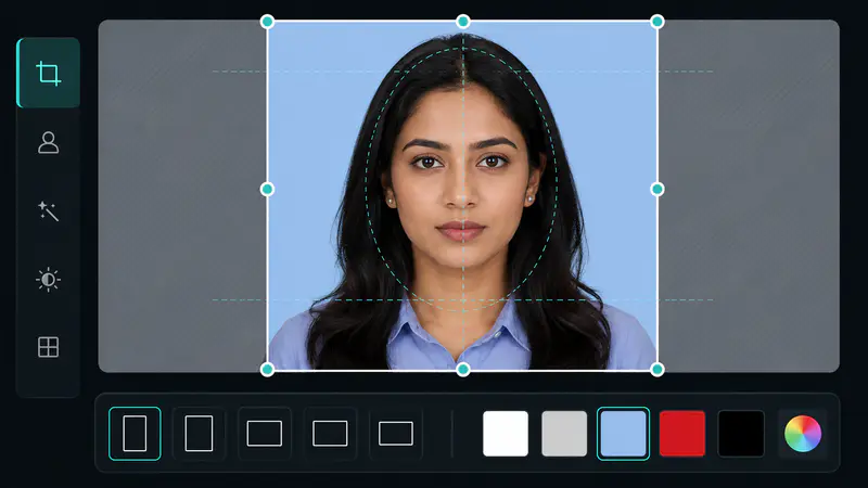 Interactive crop frame and background color controls for an ID photo