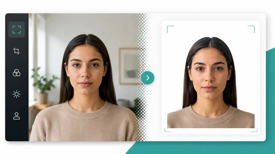 Passport photo before and after background cleanup and standard cropping