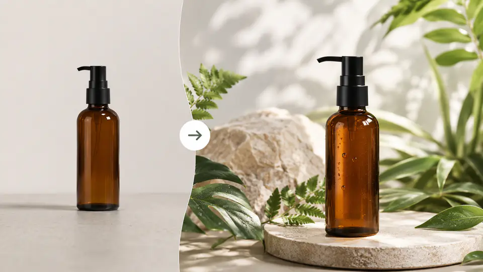 Skincare bottle transformed from a basic product image into a botanical studio campaign