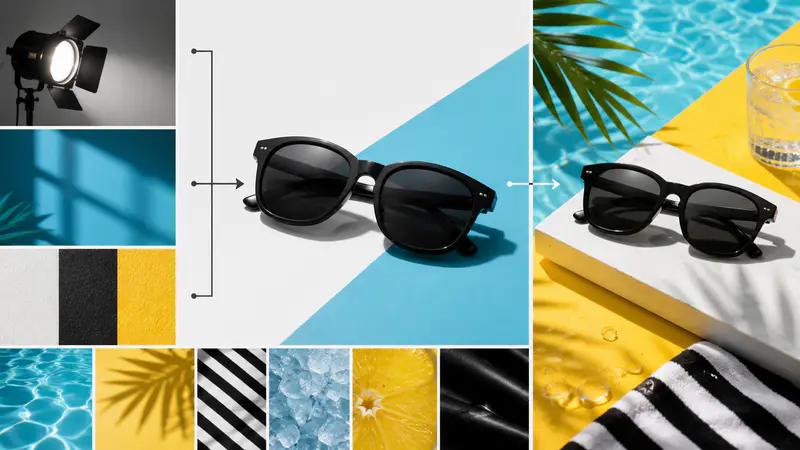 Sunglasses surrounded by product photography art direction references