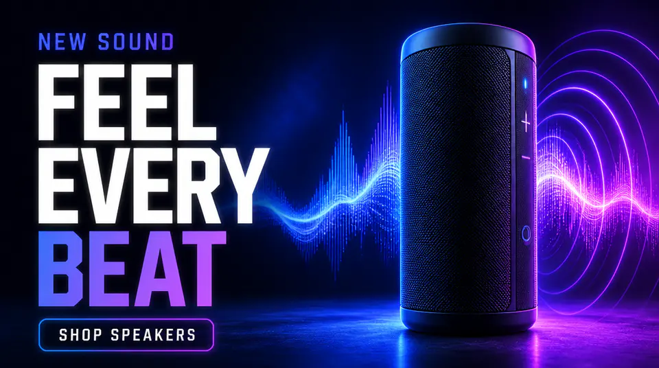 Færdigt teknologibanner for en højttaler med teksten Feel Every Beat