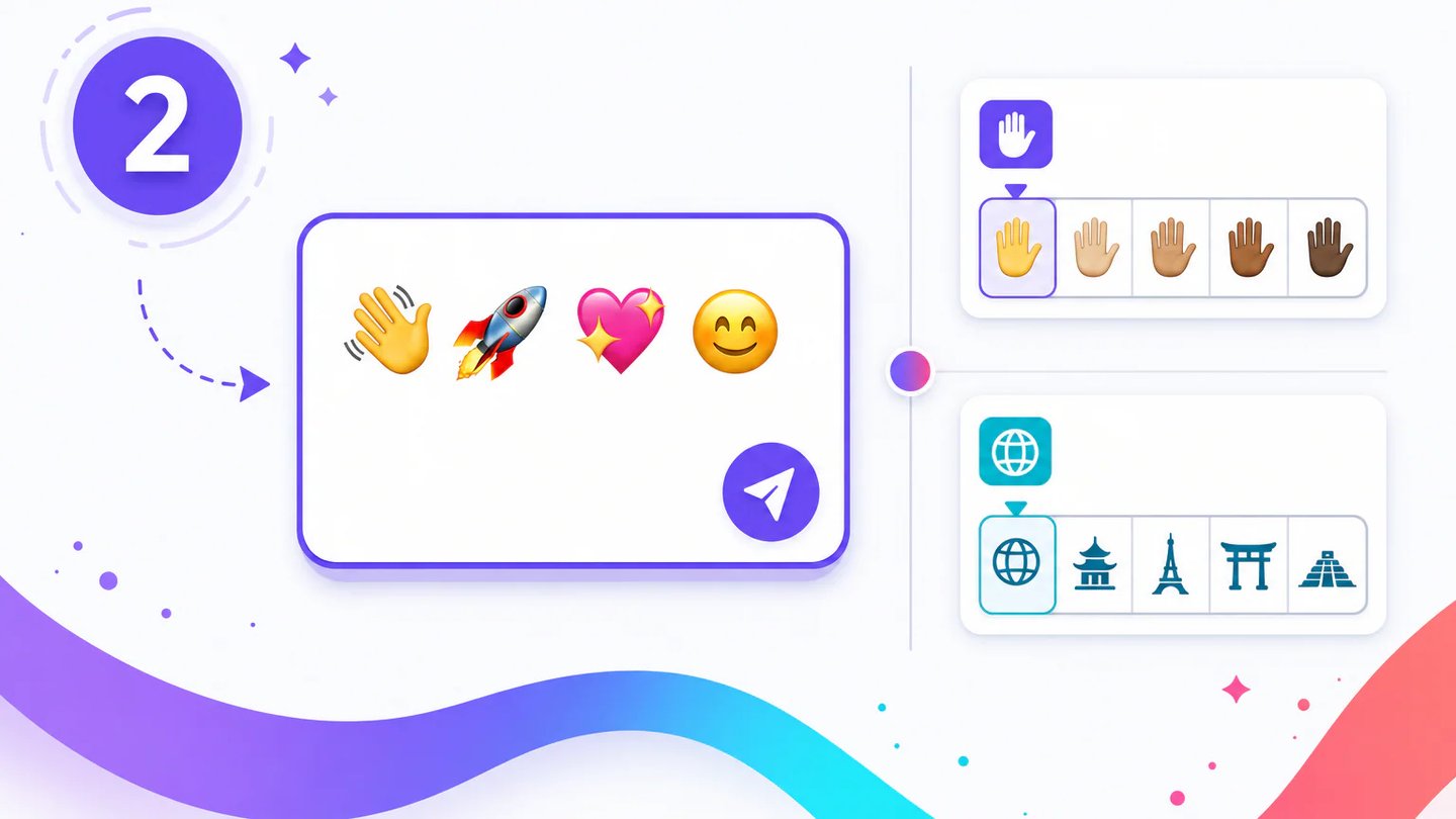 Kort besked indtastet med kontroller for emoji-hudtone og sprog