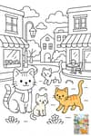 Gatos explorando una calle animada de la ciudad