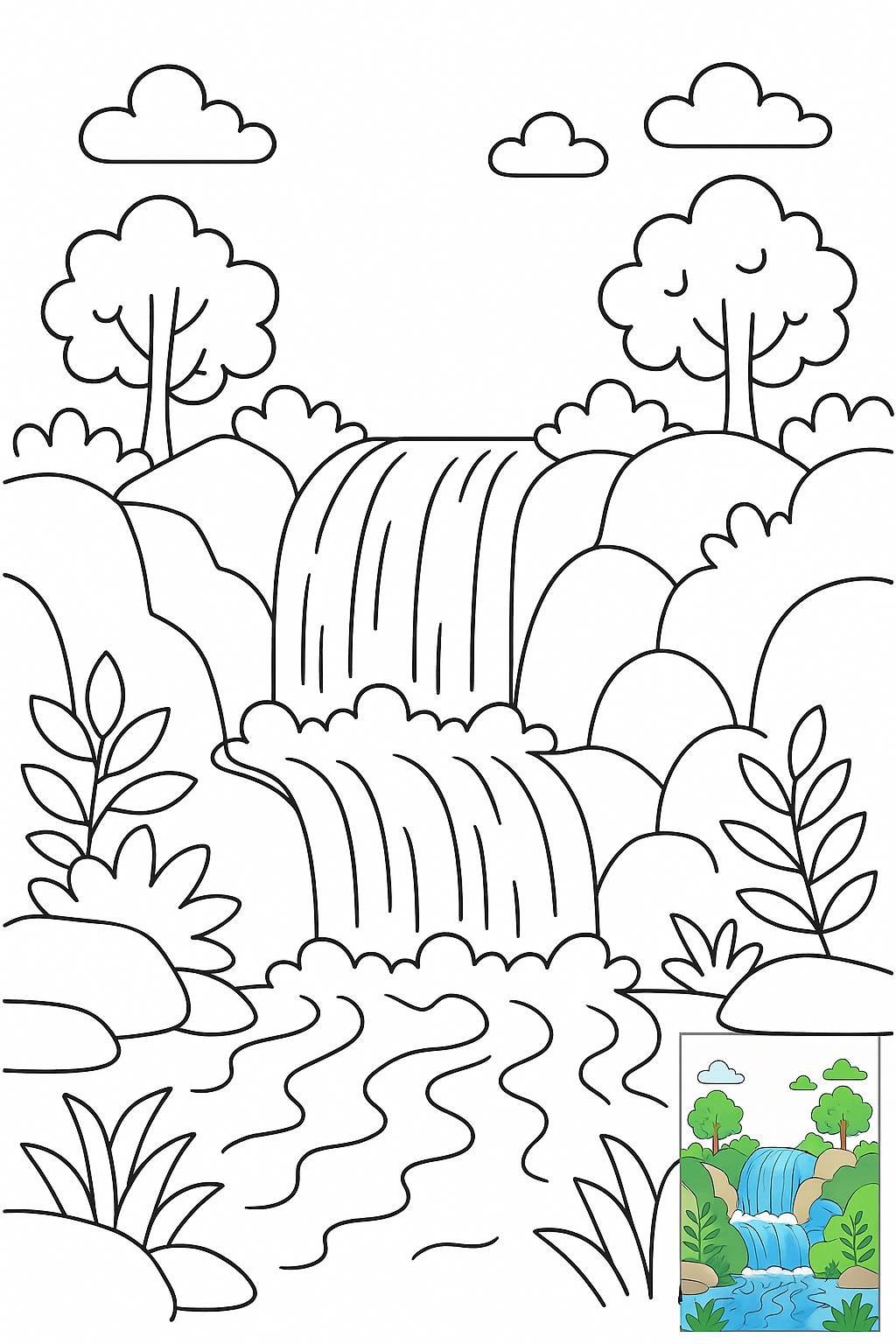 Rushing Waterfall with cascading water and greenery.