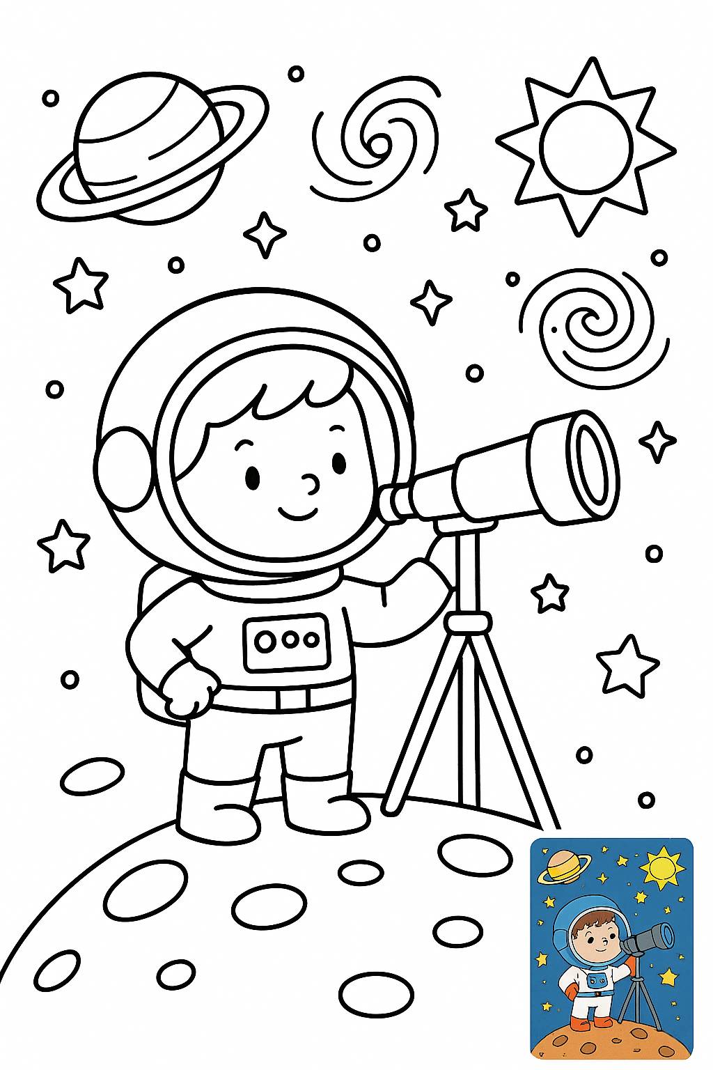 Un mic explorator spațial curajos cu un telescop privește galaxii îndepărtate.