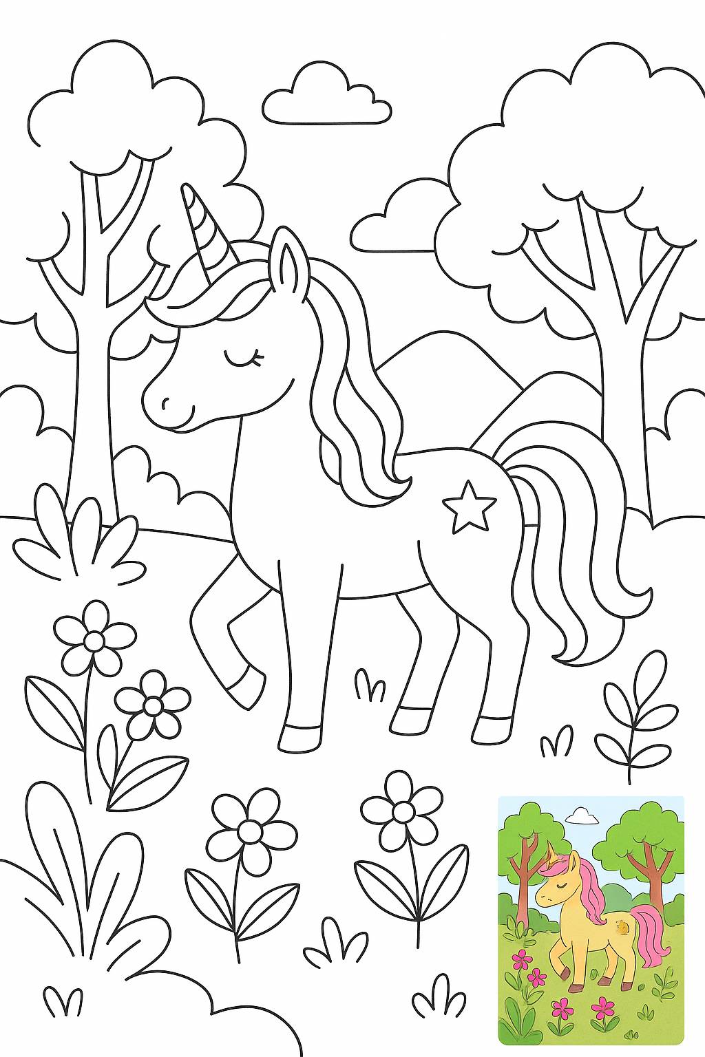 A beautiful unicorn gracefully standing in a magical forest with a serene expression