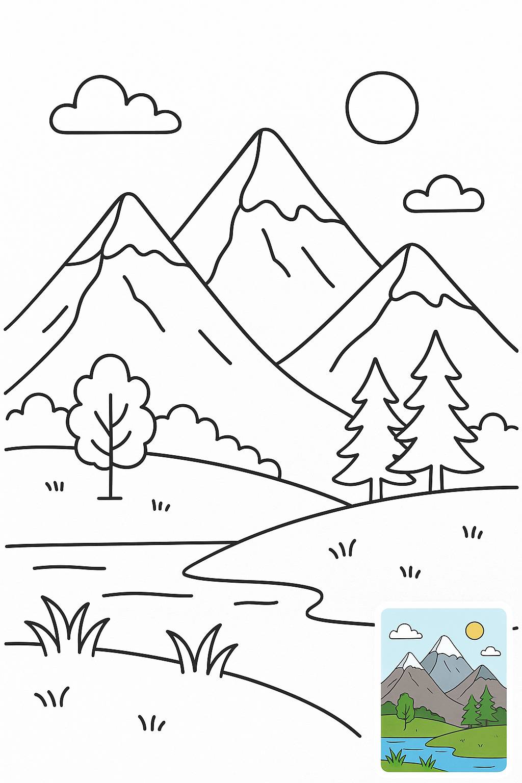 澄んだ空の下にそびえる峰々がある穏やかな山の風景。