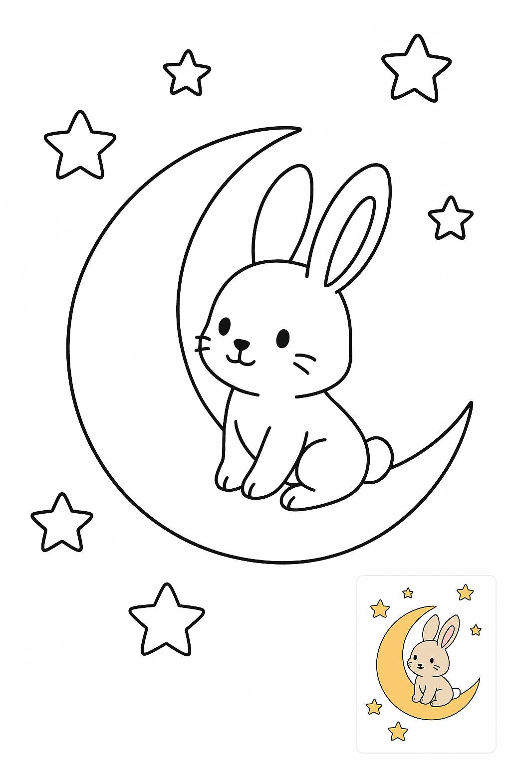A cute bunny sitting on the moon, looking at the stars.