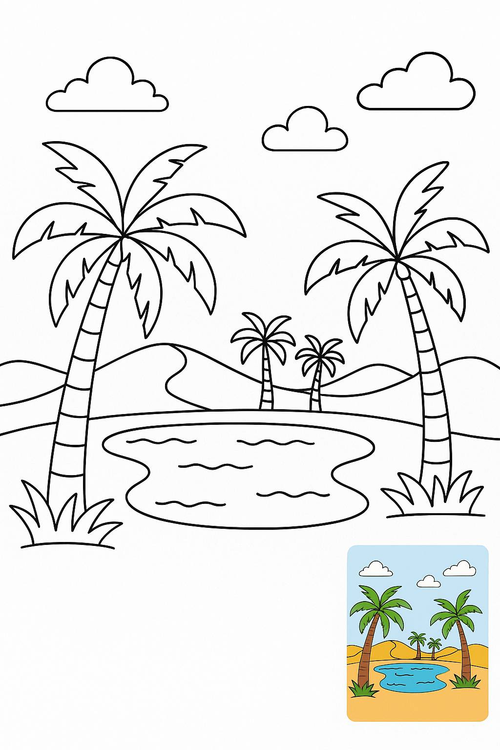 Desert Oasis with palm trees and water.
