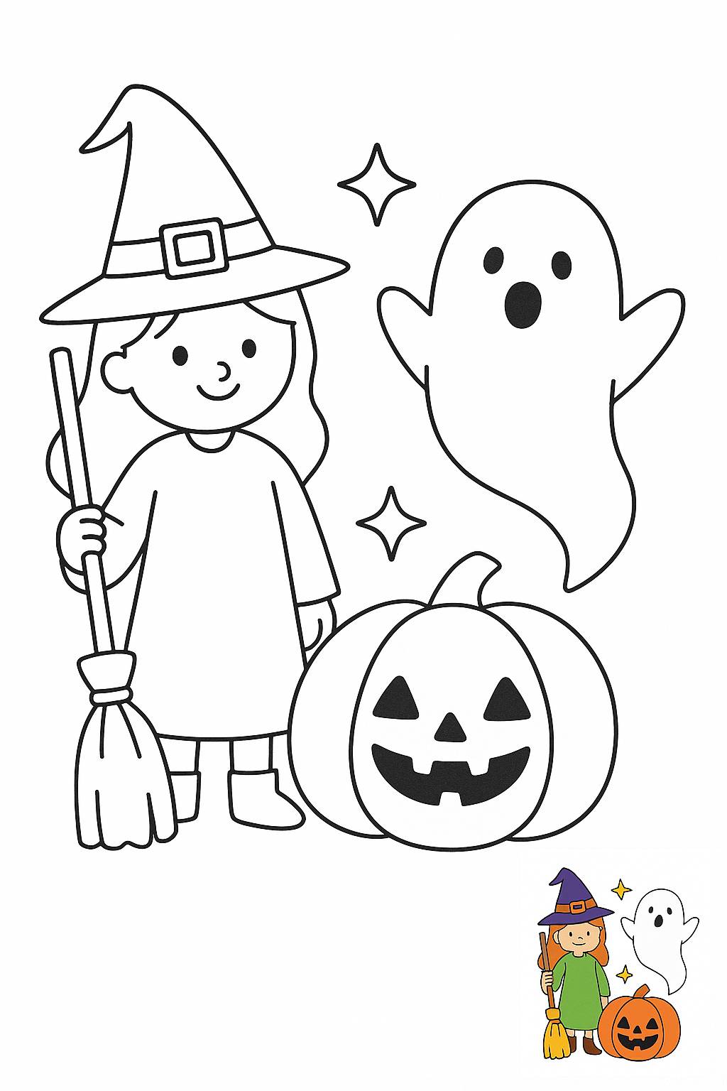 A spooky witch, ghost, and pumpkin ready for coloring