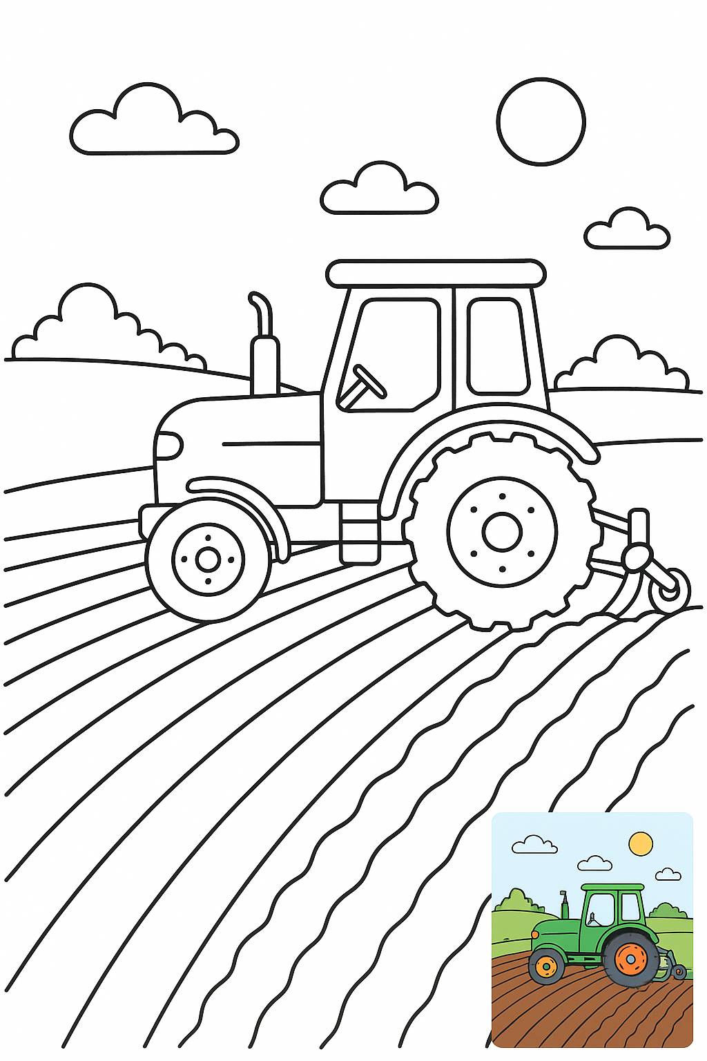 O ilustrație detaliată a unui tractor care ara un câmp sub un cer senin.