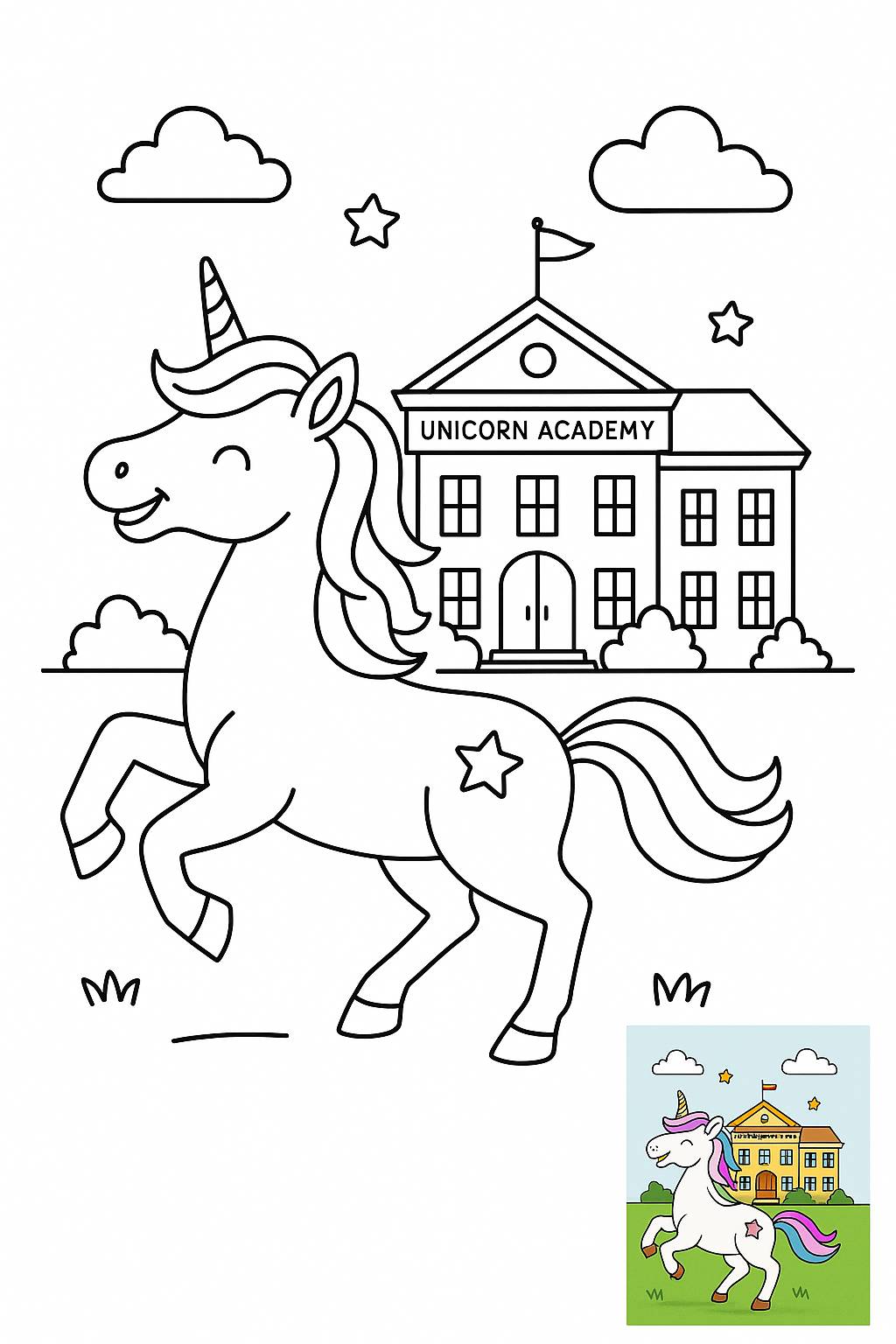 Un unicorn bucuros săltând de bucurie la Academia Unicornului