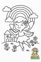 Rainbow Village Coloring Page: Enchanting Fairy Adventure
