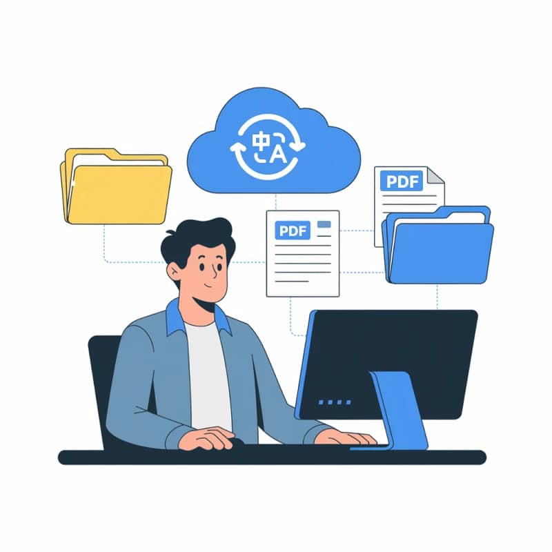 Illustrazione che mostra un uomo che lavora con un traduttore PDF