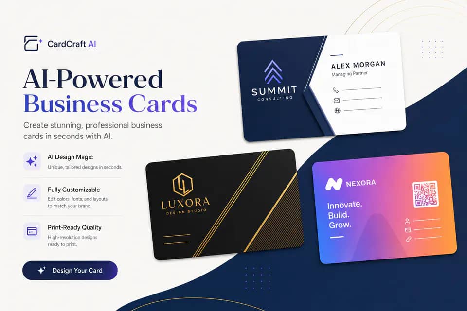 表裏のカードプレビューを備えた AI 名刺作成ヒーロー例