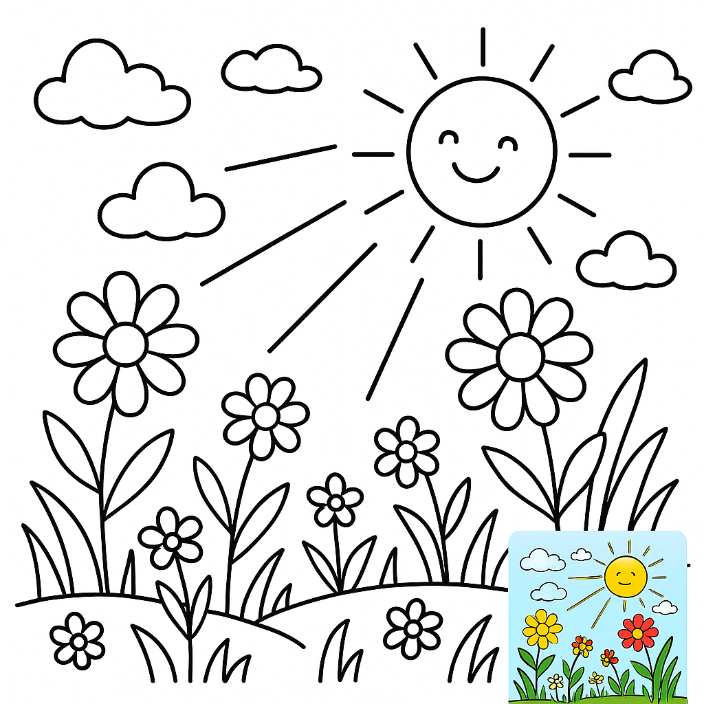 Page de coloriage de prairie ensoleillée et lumineuse