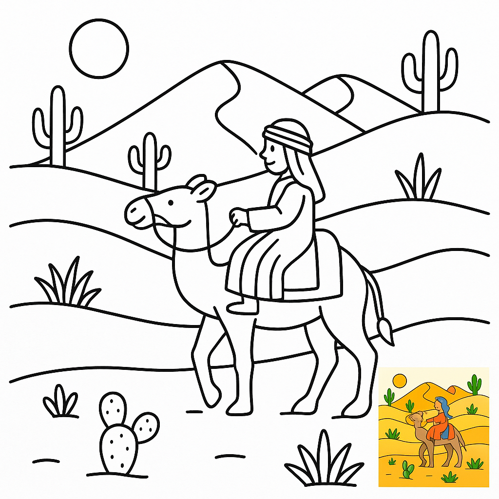 Page de coloriage du voyageur dans le désert doré épique pour l'aventure