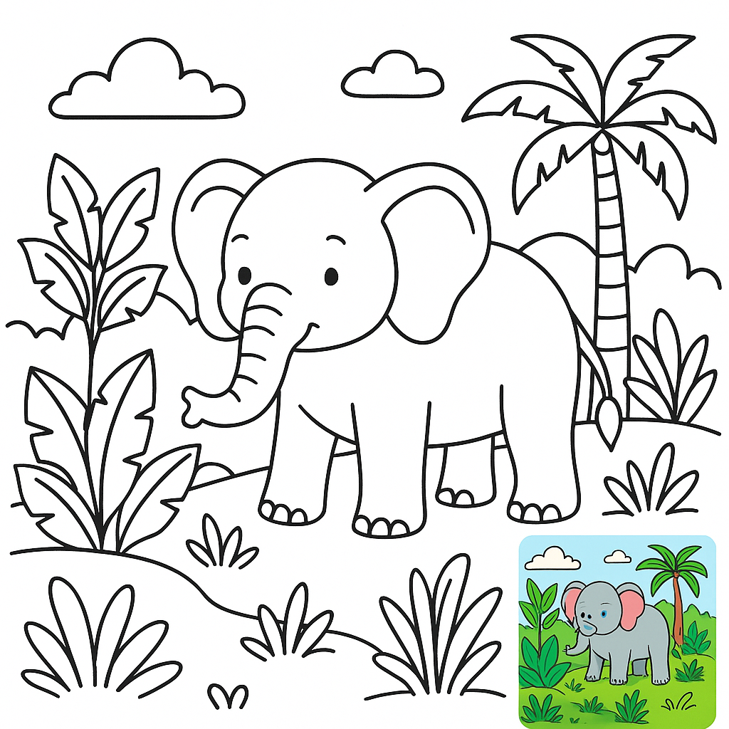 Mighty Elephant in the Jungle Coloring Page
