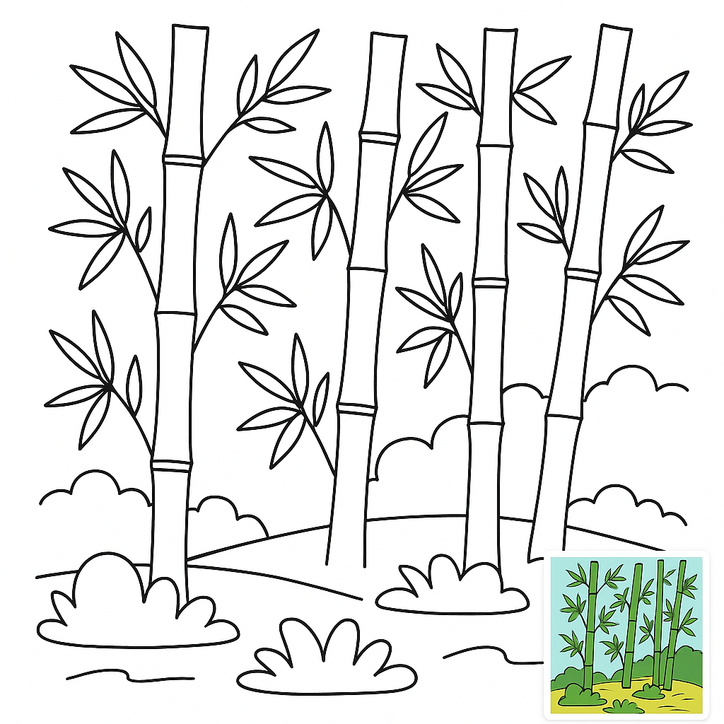Page de coloriage de bosquet de bambous tranquille