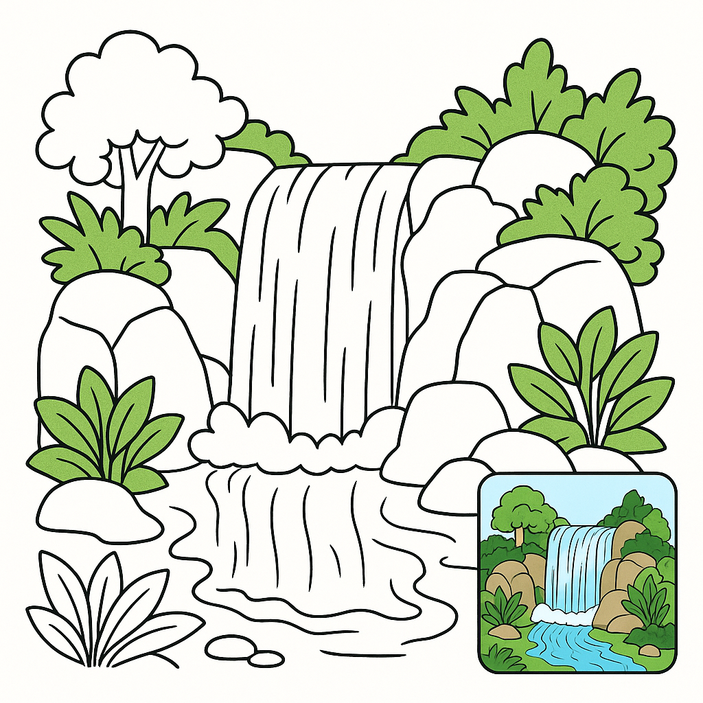 Rushing Waterfall with cascading water and greenery.