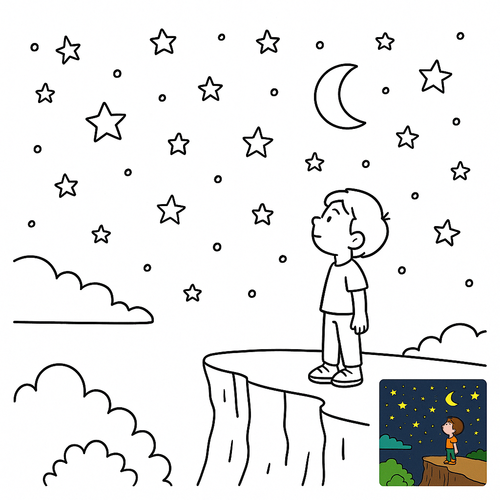 Page de coloriage d'observateur d'étoiles du ciel sombre de la falaise étoilée enchanteresse