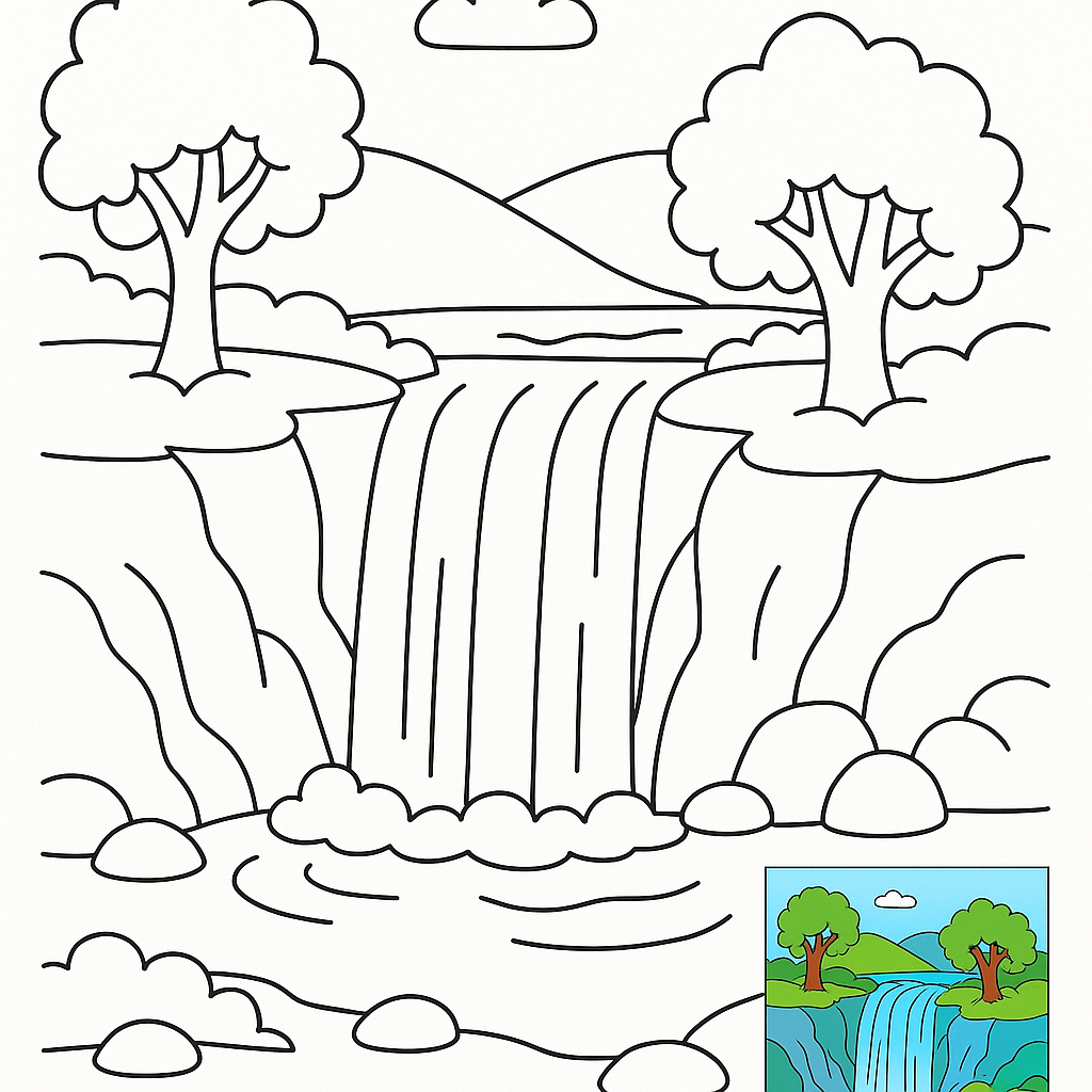 Majestic Waterfall Coloring Page for Tranquil Bliss