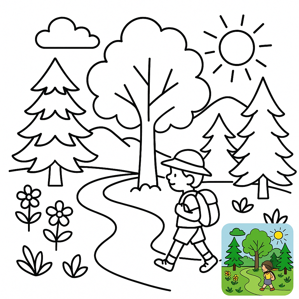 Page de coloriage du marcheur sur le sentier vert de la forêt paisible