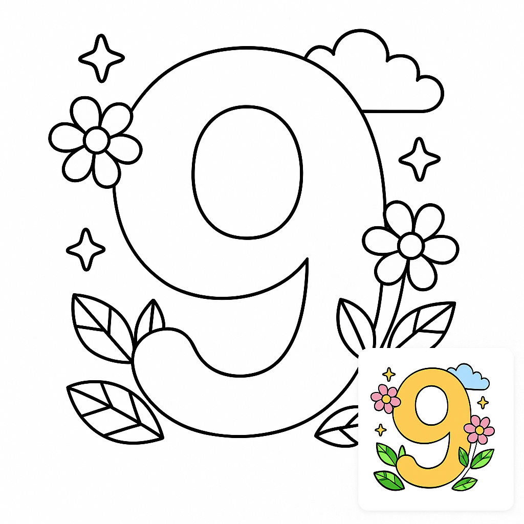 Playful Educational Number 9 Coloring Page for Learning