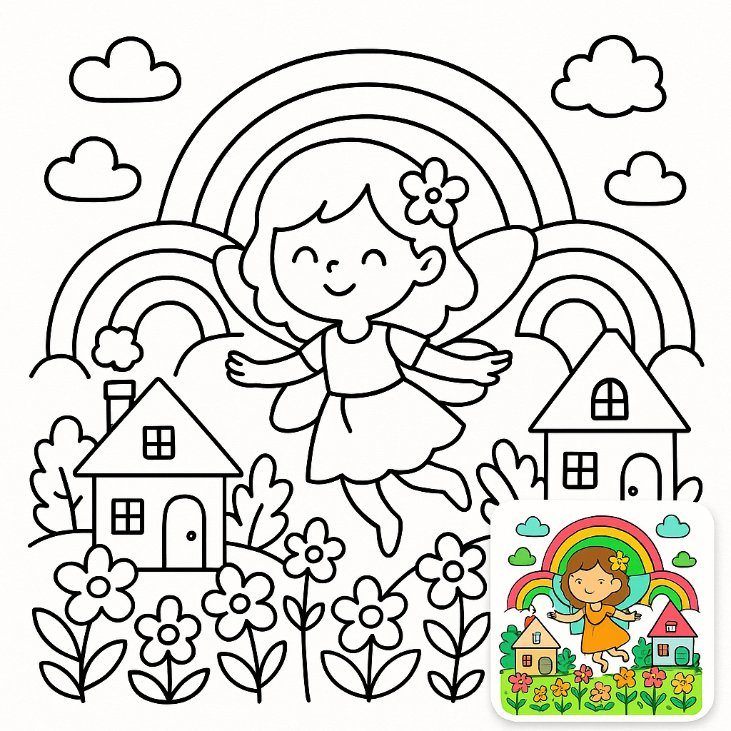 Rainbow Village Coloring Page: Enchanting Fairy Adventure