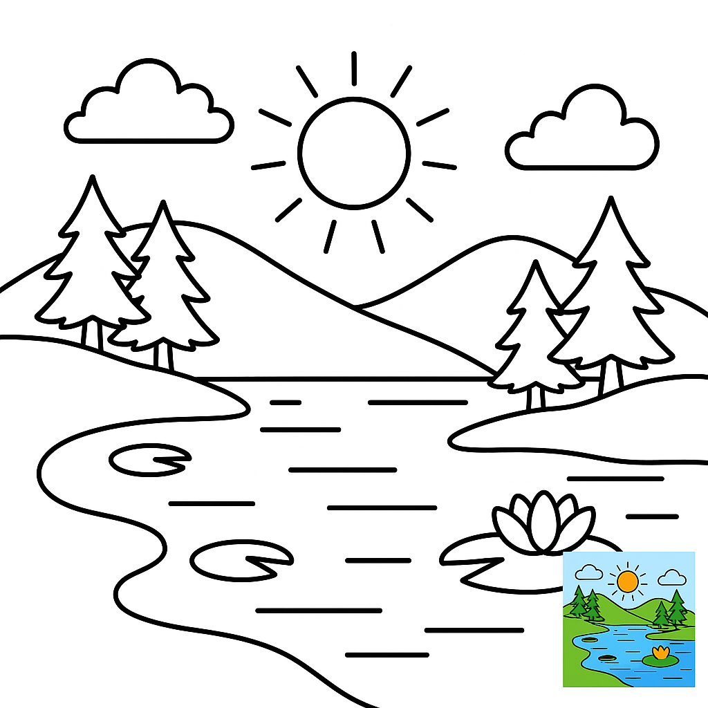 Page de coloriage lac serein et tranquille