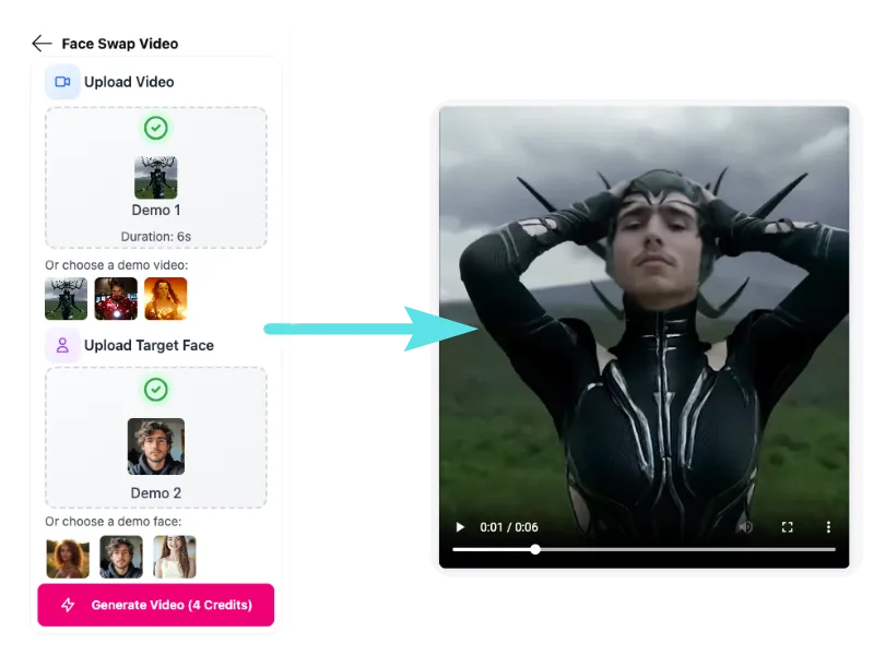 The image demonstrates how Imgkits replaced a man's face onto the woman's face in the video.