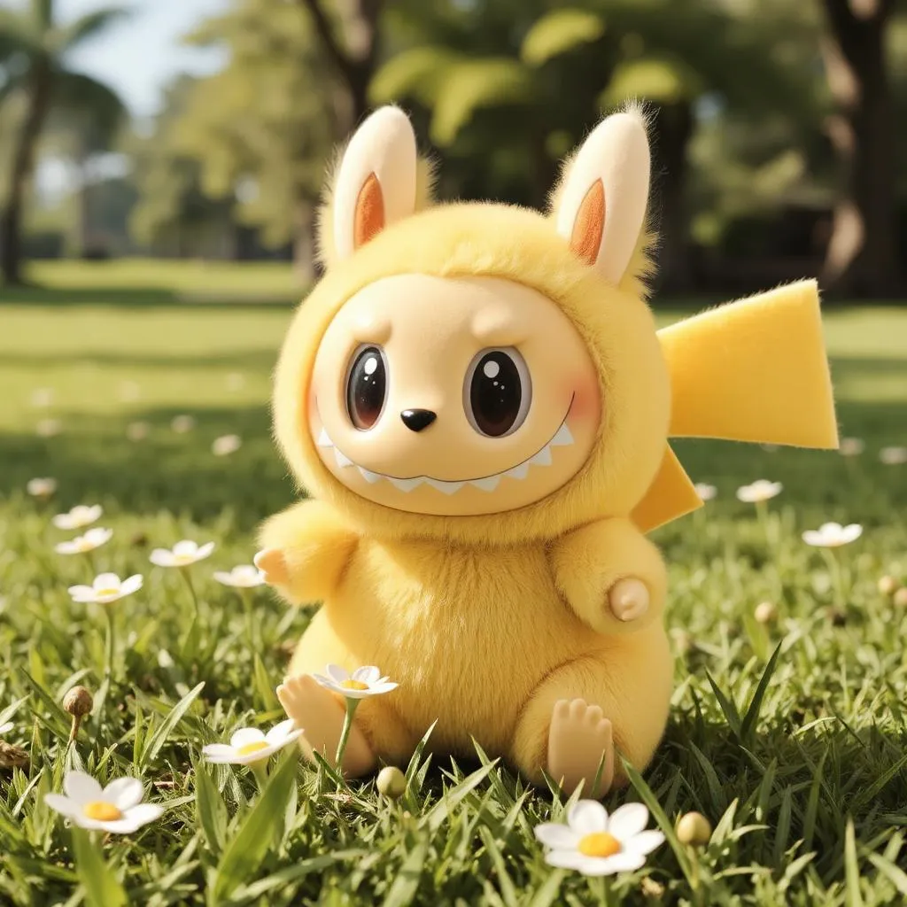 Labubu reimagined as Pikachu, featuring yellow fur and red cheeks
