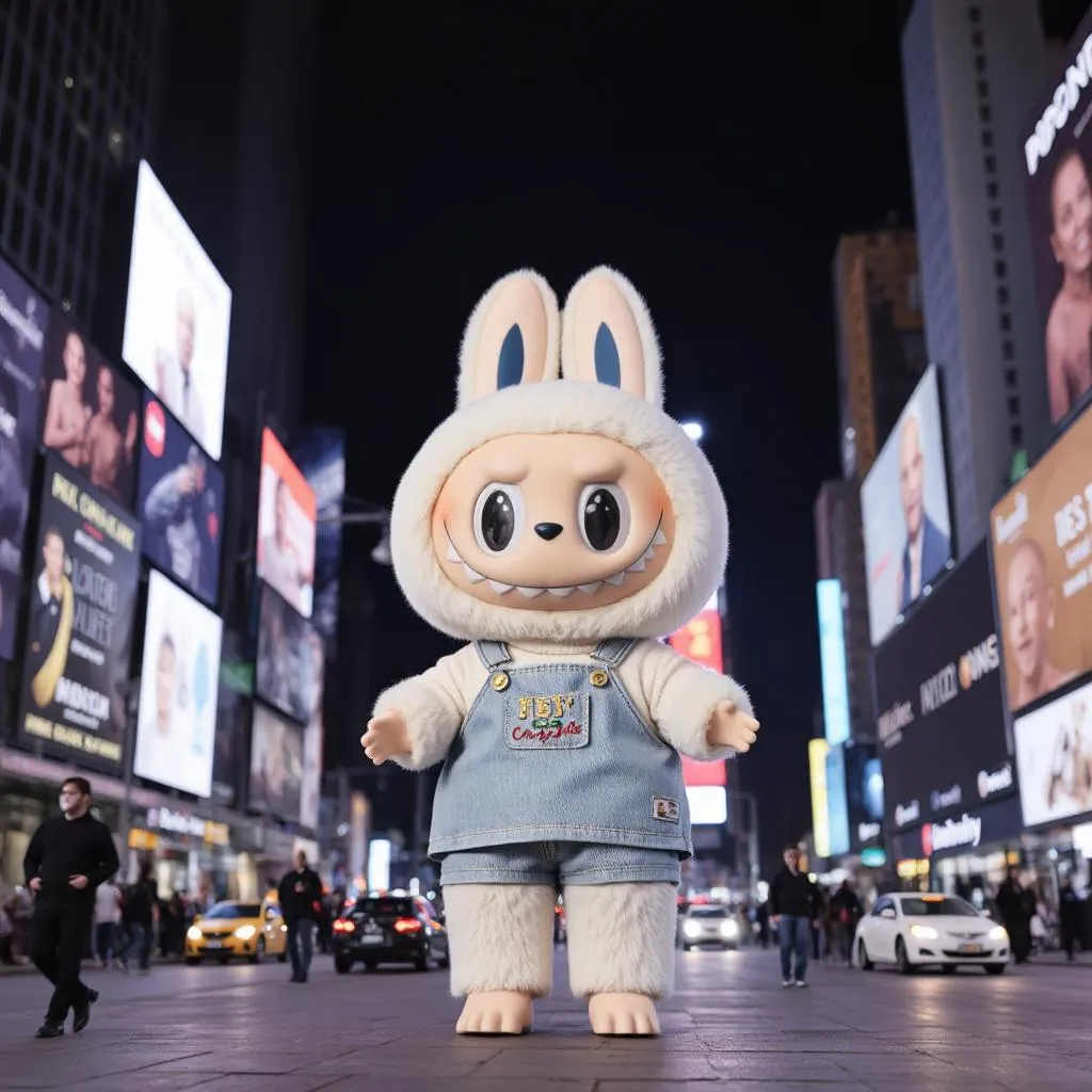 Giant Labubu figure standing tall amidst the bright lights of Times Square