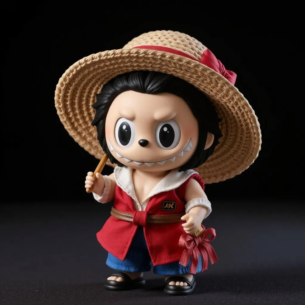 Labubu dressed as Luffy from One Piece, complete with a straw hat