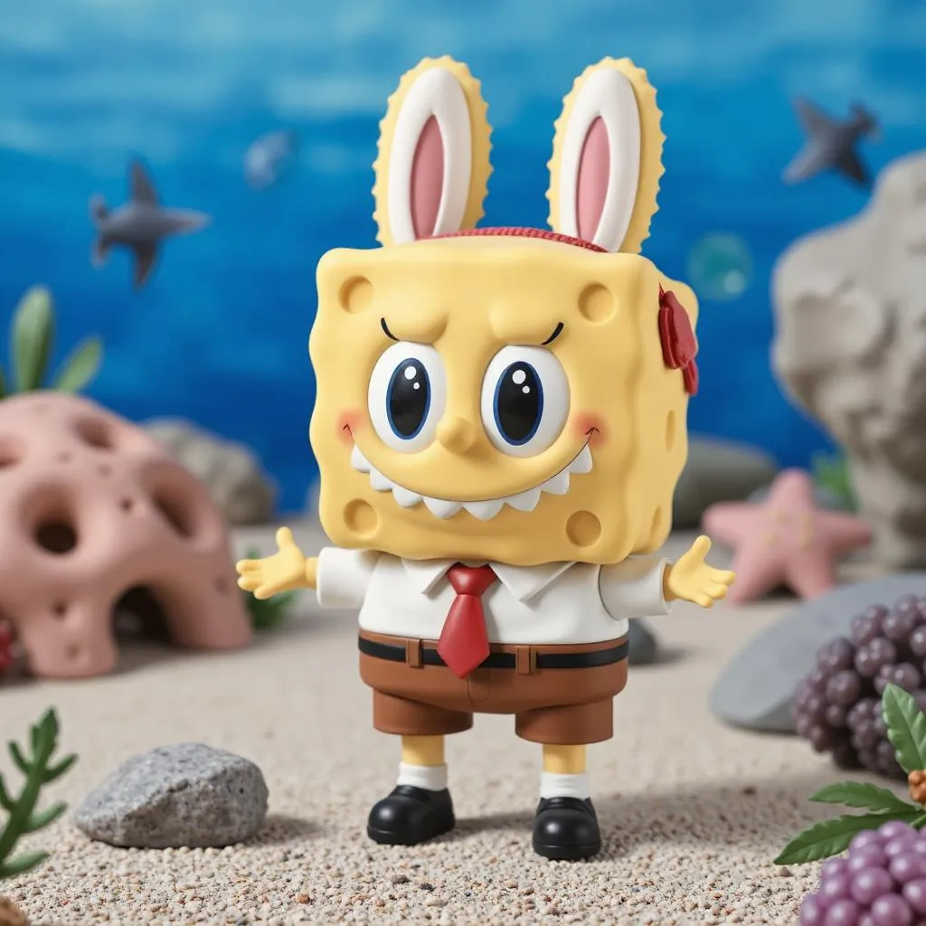A fun fusion of Labubu and SpongeBob SquarePants, showing his square pants