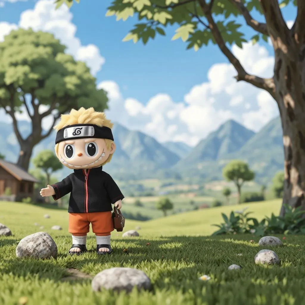 Labubu costumed as Naruto Uzumaki, wearing a ninja headband
