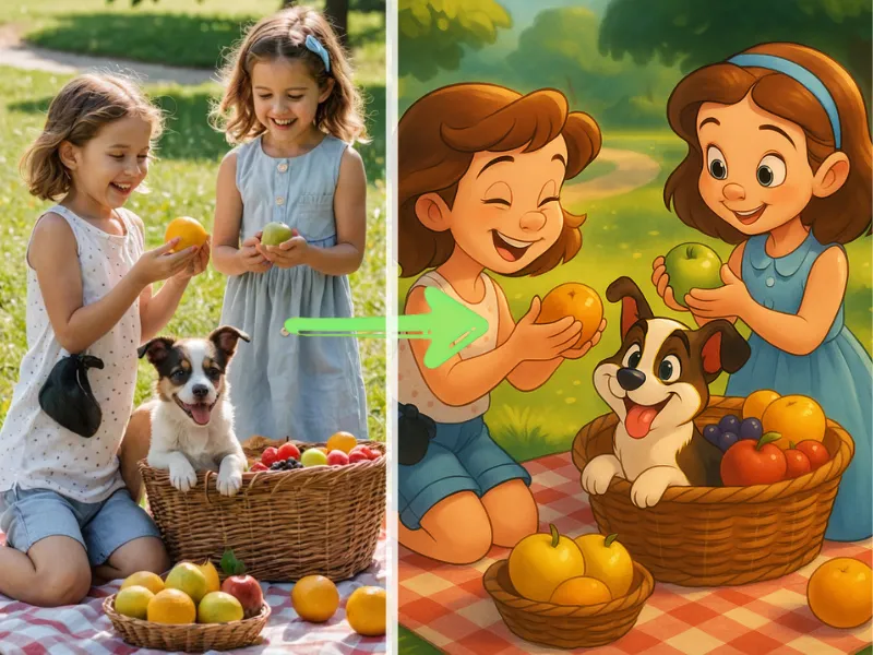 A lovely Disney-style photo of two children camping with a puppy in the park
